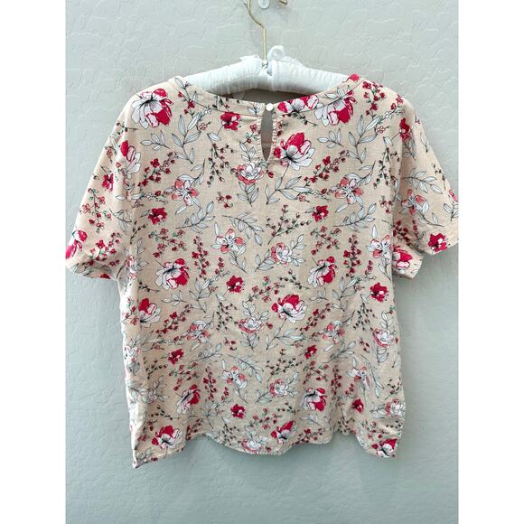 VAN HEUSEN Beige Pink Floral Linen Blend Short Sleeve Top Keyhole Back | Large - Picture 4 of 4